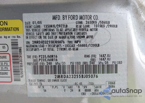 2005 Mercury Monterey Premier z USA, uszkodzony, nr VIN 2MRDA23255BJ05076